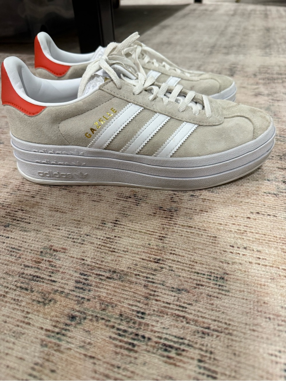 adidas Gazelle Platform Sneaker - Cream Suede with Orange Heel Tab